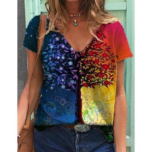 2021 New Colorful Printing V-Neck Short Sleeve T-Shirt Vintage Daily T-Shirts Comfortable Womens Tee Top With Free Shipping