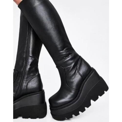 New Ladies High Platform Boots Fashion Zip High Heels Boots Women Wedges Shoes Woman Casual Boots Heels Plus Size 35-43