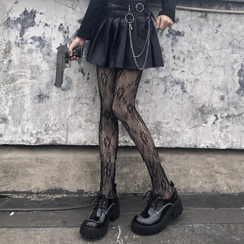 Women Gothic Tights Pantyhose Japanese Black Retro Rose Flower Vine Fishnet Lace Trousers Little Love Bottoming Stockings