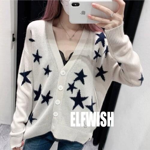 Woman White 100% Cashmere Cardigan Contrast Stars Embroidered V-neck Front Buttons Long Sleeves 2022 Autumn Winter Sweaters