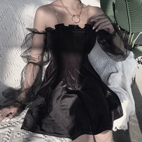 Gothic Black Sexy 2020 Women Slash Neck Mesh Splice Hollow Out Puff Long Sleeve Mini Dress Goth Punk Off Shoulder Party Dresses