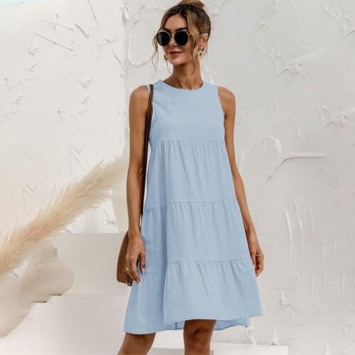 2021 Summer Fashion Casual Sleeveless Loose Solid Color Dress Women Elegant O-neck Black Pink Beach Party Dresses For Femme