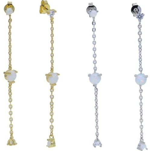 Promotion Clearance Price Fashion Women Jewelry Sparking Clear CZ White Fire Opal Long Tassel Chain Dangling Earring