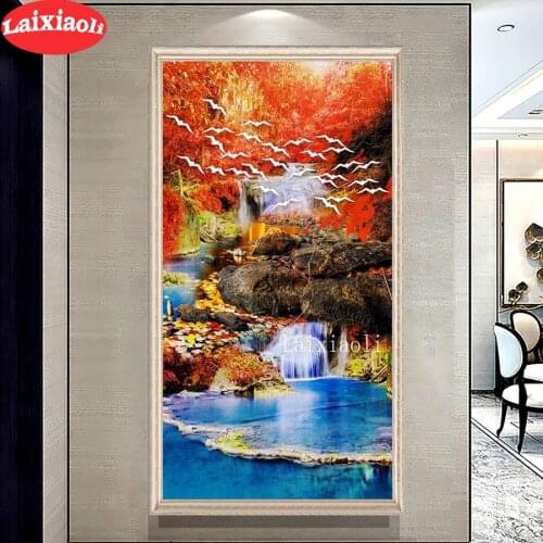 Diamond embroidery waterfall red tree landscape full square round drill diamond painting 5d diy diamond mosaic home decoration