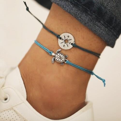 Simple Rope Chain 2 Piece Anklets Hollow Compass Tortoise Pendant Foot Chain Leg Ankle Bracelet for Women Accessories