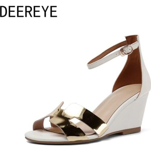 Black And White Ladies Platform Sandals Wedges Shoes Buckle Round Toe Upper Gold Color Comfortable High Heel For Women