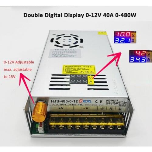 Double Digital Display Adjustable Switching Power Supply 0-12V 40A 480W HJS-480-0-12 DC voltage regulator Transformer