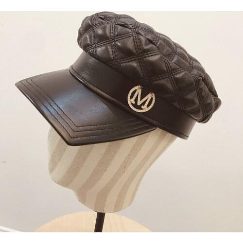 Brand Letter M Leather Black Diamond Pattern High Quality Military Cap Peaked Cap