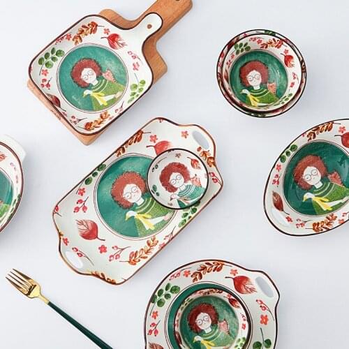 Nordic style ceramic creative tableware rice bowl fruit salad plate soup bowl fish plate cute plate household dish set