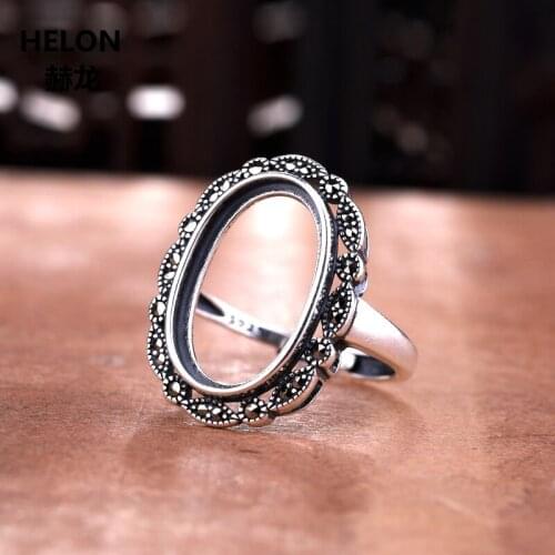 925 Sterling Silver Women Engagement Wedding Ring Vintage Art Deco 11x18mm Oval Cabochon Semi Mount Ring Setting Adjustable