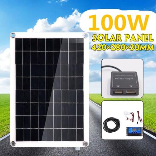 100W Solar Panel DC USB Charger Kit +3W Lamp +10A Solar Controller +1m Extension Cord Set for RV Car Boat Camping Home Working