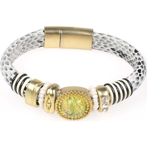 Matt Gold Color Plating Crystal Charm Real Snake Skin Leather Magnetic Clasp Bracelets