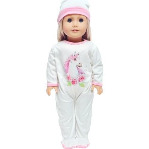 Cute Unicorn Pattern Outfit Animals Rompers Hat White Pajamas Cap Clothes for 18 Inch Doll Dollhouse Accessories Kid Toys