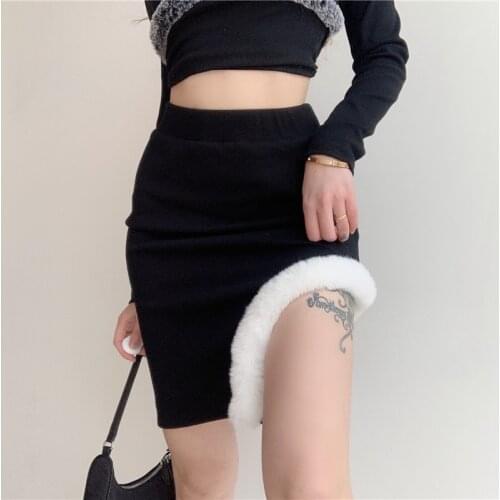 Feathers Patched Mini Skirts Elastic High Waisted Short Skirts 2021 Retro Y2K Black Knitted Skirts Women Korean Style Skirts New
