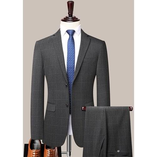 2022 Mens Plaid Suit Wedding Dress Youth Stretch Slim Fit Slit Professional Tailored Suit Two Pieces