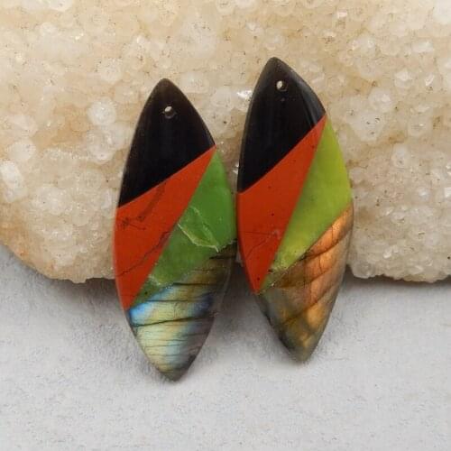 Natural Labradorite,Serpentine,Obsidian With Red River Jasper Intarsia Earring 40x16x5mm,8.5g