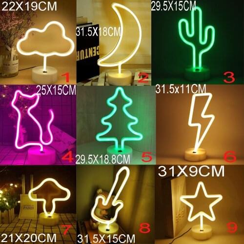 17styles Neon Night Light with holder base USB & Battery Powered Table Lamp Decoration for Wedding Sign Birthday Party Kids Room