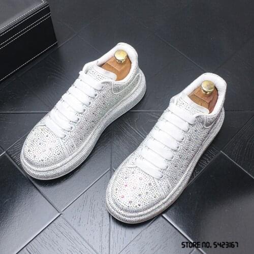New Mens Luxury Fashion Glitter Rhinestone Charm Casual Flats Shoes Loafers Male Crystal Prom Dress Shoes Tenis Masculino