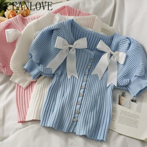 OCEANLOVE Puff Sleeve Sexy Women Tops Bows Sweet Solid Summer T Shirts Short Slim Camisetas De Mujer Korean Retro T-shirt