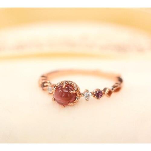 Original new diamond-studded natural garnet egg-round opening adjustable ring elegant charm creative retro female silver jewelry