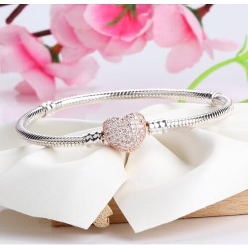 Authentic 100% 925 Sterling Silver Inlaid Heart-shaped Clasp Bracelet Luxury Jewelry