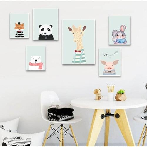 Cartoon Animal Poster Giraffe Squirrel Rabbit Wall Art Pictures For Nursery Canvas Painting Nordic Baby Bedroom Decoration