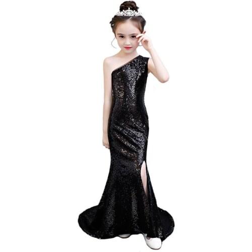 Black sequin mermaid dress age for 3-14 yrs teenage girls one-shoulder vintage noble graduation gowns evening party kids frocks