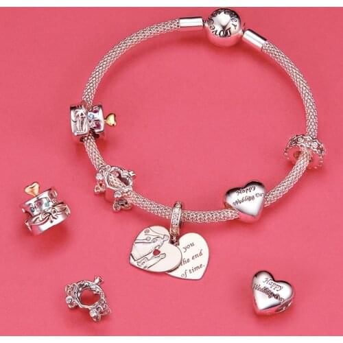 Wedding Engagement Charms 925 Sterling Silver Love Heart Charms CZ Bear Pendant Fit Bracelet Necklace BEST GIFT Jewelry