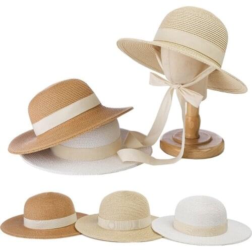 Unisex Staw Sun Hat for Children Outdoor Activities Adjustable Chin Straps Ribbon Decoration Sun Cap for Beach Seashore