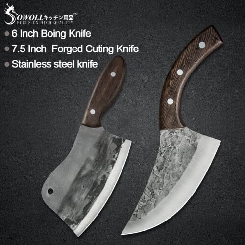 Sowoll 6'' 7.5'' Handmade Forged Chef Knife Slaughter Cleaver Meat Slicing Boning Tools Survival Camping Hiking Tools Knife