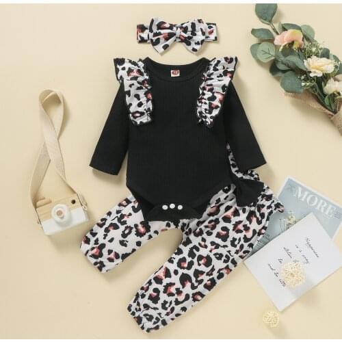 0-18 M Baby Girls Clothes 3Pcs Fall Outfits Long Sleeve Ruffle Knitted Romper + Bow Flower Print Pants + Headband Set