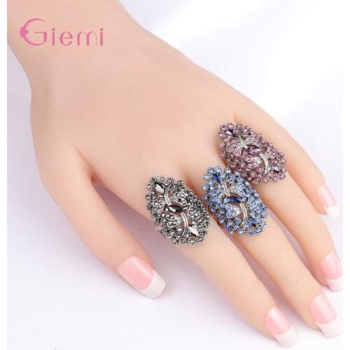 Vintage Blue Rhinestone Dragonfly Rings Women Antique Silver Hollow Crystal Big Ring Wedding Party Animal Jewelry