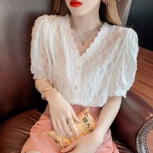 Lace chiffon shirt womens summer thin section 2021 new style foreign style puff sleeve top v-neck short-sleeved ladies shirt