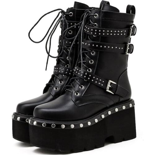 2021 Spring Autumn Lace-Up Motorcycle Boots for Women Round Toe Thick Platform High Heels Female Ankle Boots Gothic Style Shoes