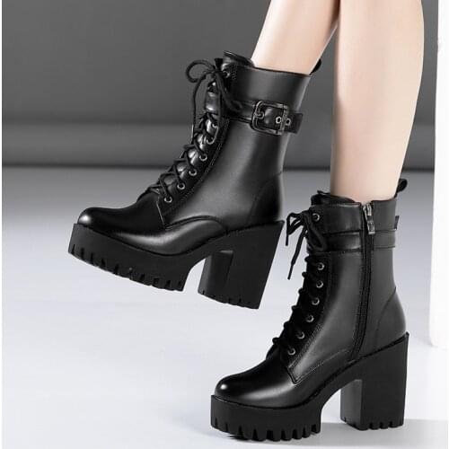 Plus Size 32-43 Platform Boots Women Ankle Boots Leather 2021 Fall Winter High Heels Boots Ladies Plush Motorcycle Boots