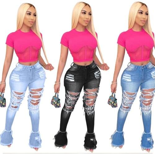 Ripped Jeans for Women High Waist Jeans Vintage Flare Jeans with Holes Patchwork Bell Bottom Jean Denim Pants Trousers