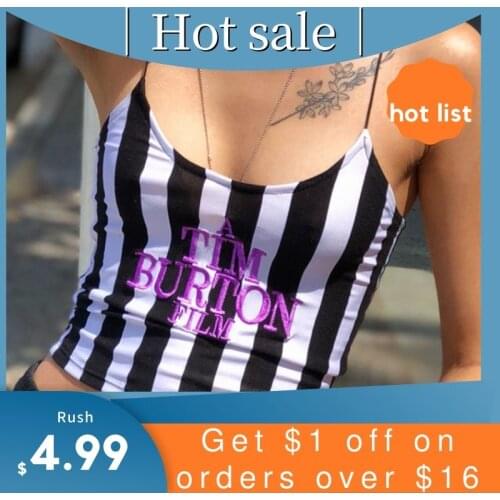 Letter Embroidery Camis Women Sexy Crop Top 2021 Summer Sleeveless Skinny Camisole Black White Stripe Vests Tee TIM BURTON FILM