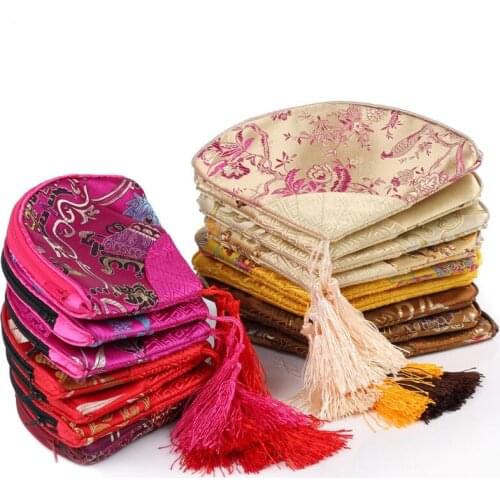 50pcs Fan shape Clutch Zip Bag Christmas Coin Purse Party Favor Silk Brocade Jewelry Storage Travel Cosmetic Women Phone Wallet