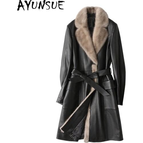 AYUNSUE Luxury Genuine Leather Jacket Long Women Winter Down Coats Mink Fur Collar Real Sheepskin Coat Female Jackets X25WYQ1642