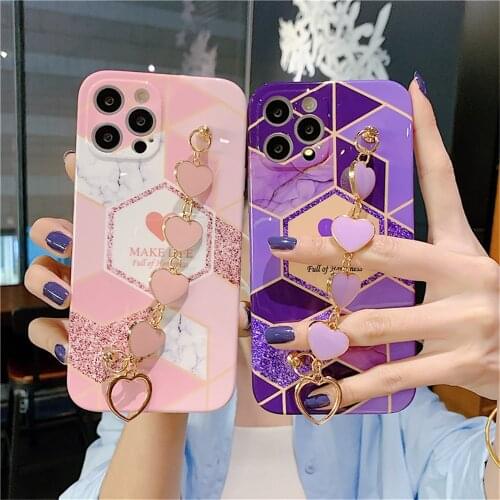 Love Heart Bracelet Case For iPhone 11 12 Pro X XR XS Max 7 8 Plus SE 2020 Soft Silicone Geometric Marble Phone Back Cover Coque