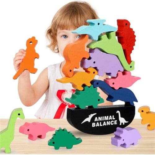 Children Toys Montessori Wooden Animal Balance Blocks Board Games Toy Dinosaur Educational Stacking High Building Block Wood Boy