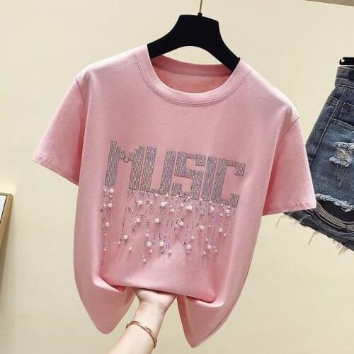 Designed Heavy Beaded Cotton T-shirt Womens Short-sleeved Summer New Trendy Ins Korean Loose Top