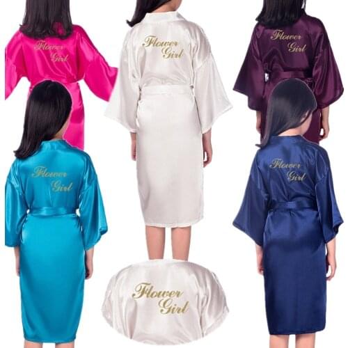 Flower Girl Gold Letter Robes Solid Satin Silk Kids Kimono Children Bathrobes Nightgown Party Spa Sleepwear L4
