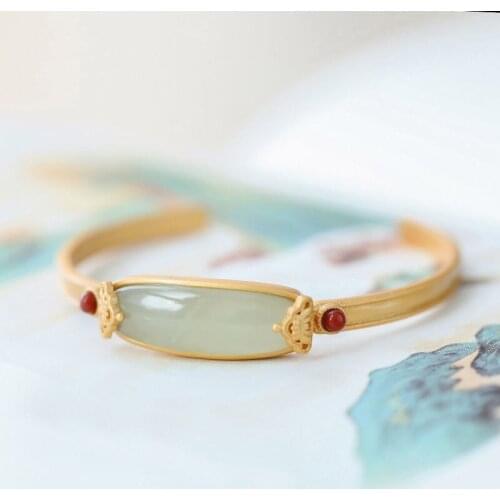 Natural Hetian Jade Gray Jade Geometric South Red Small Beads Bracelet Inlaid S925 Sterling Silver Opening Adjustable Bangle Bra