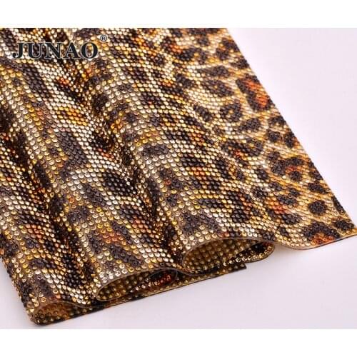 JUNAO 24x40cm Print Leopard Self-Adhesive Rhinestones Mesh Trim Hot Fix Crystal Fabric Sheets Iron on Strass Ribbon for Crafts