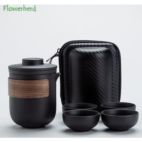 Ceramic Porcelain Kung Fu Tea Set Teaware Tea Pot and Cup Set One Pot Two Cup Four Cup Set Black Pottery Portable Travel Tea Set