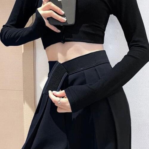 Womens Velcro Wide-leg Summer Thin Black Casual Loose Straight High Waist Suit Spring Autumn Trousers Office Female Wear Pants