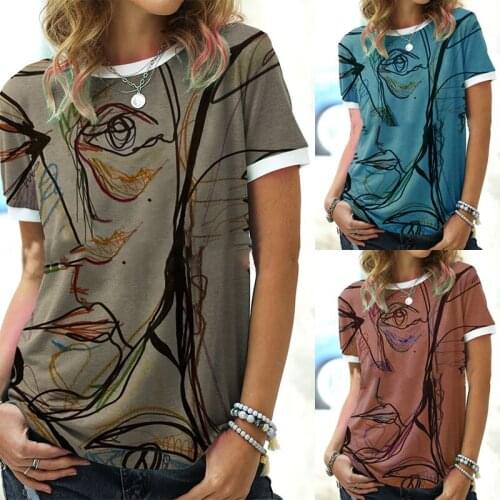 Summer Personality Line Print Tops Vintage Round Neck Short Sleeve Tshirt Female Casual Loose Plus Size Blouse Womens Clothing