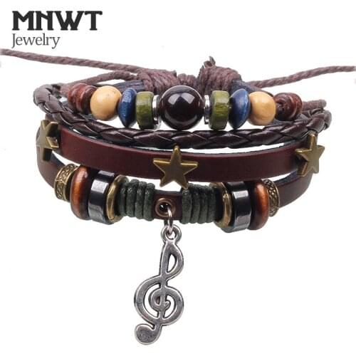 MNWT Fashion Leather Multilayer Charm Bracelet Woven Bracelets Music Symbol Bead Leather Wristbands For Women & Men Jewelry