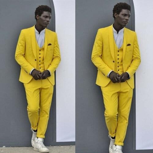 Yellow Men Suits Tailored Fit Wedding Groom Ropa de hombre Tuxedos Party Wear Business Slim Blazers 3 PCS Jacket & Vest & Pants